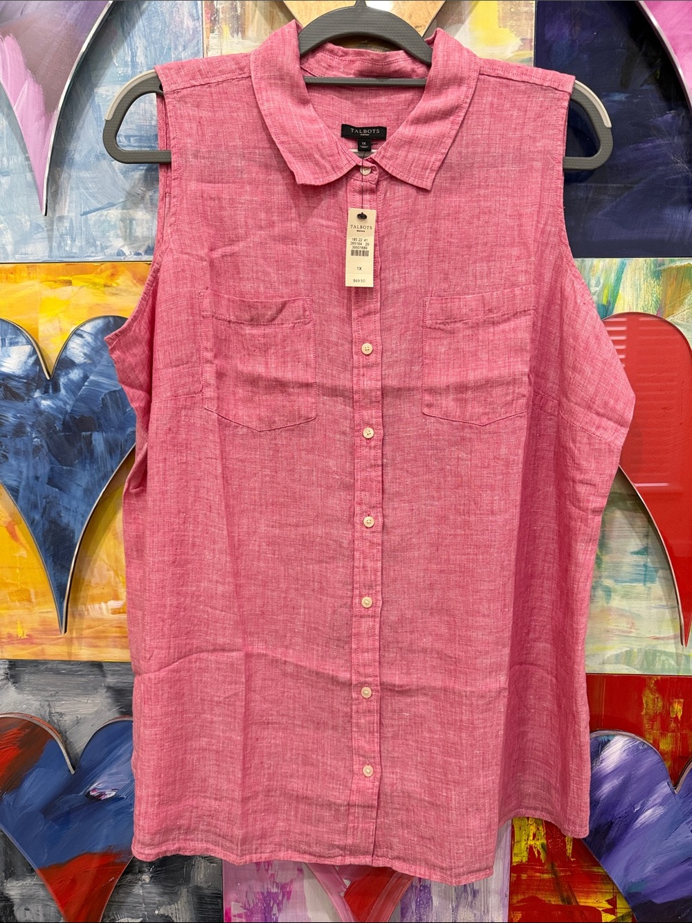 Talbots Sleeveless Button-Front Linen-Blend Top in Rose Pink